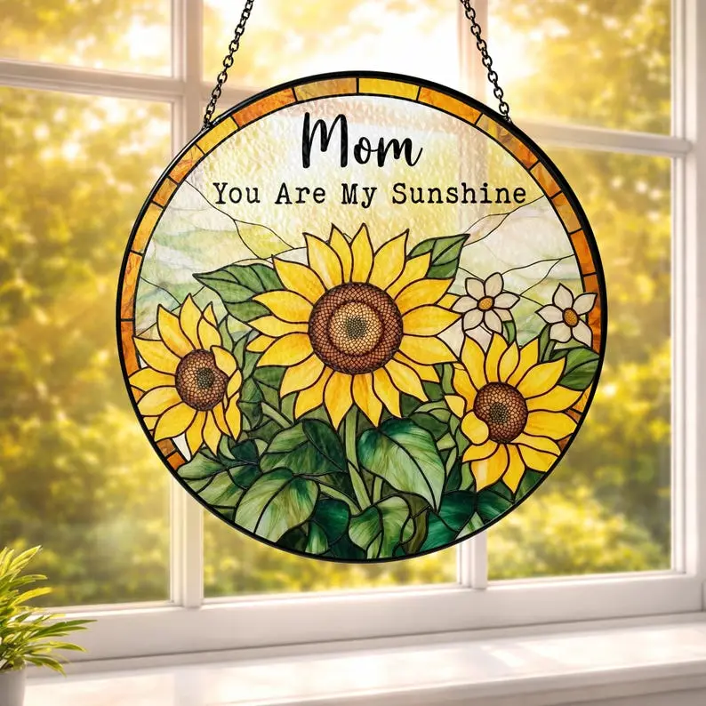 Sunflowers Suncatcher Stained Glass Window Hanging Decor, Mothers Day, Birthday Gifts for Mom, Grandma, Mama, Step Mom from Daughter Son