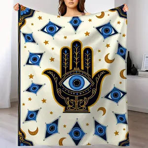 Thick Flannel Blanket - Evil Eye and Hand of Fatima Design, with Protective Blue Eyes - All-Season Soft Bedspread/Sofa Cover - Machine Washable - Housewarming, Wedding, Birthday Gift - Modern Home Decor in White, Black, Gold, Bedroom Accessories