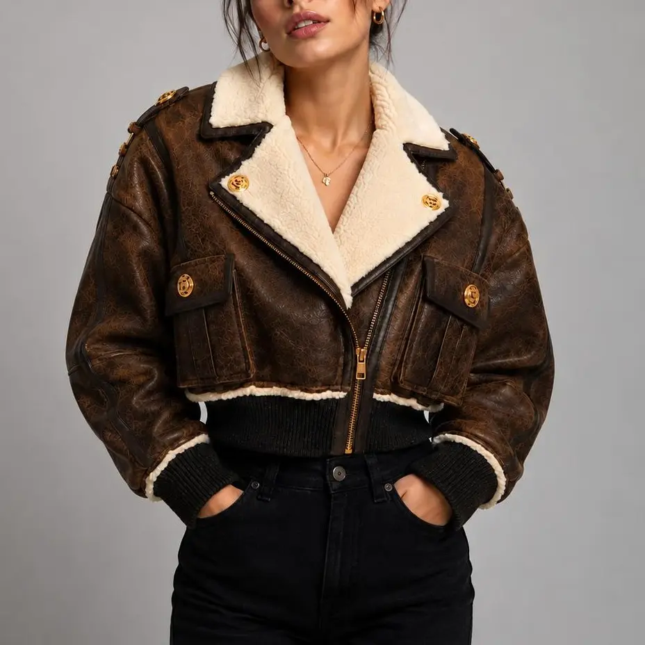 Women's Genuine Leather Shearling Jacket – Brown Real Leather Aviator Biker Jacket with Shearling Collar, Ribbed Hem & Zip Closure