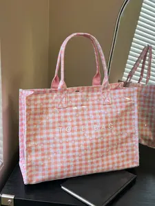 New simple stripe large-capacity shoulder bag, women's casual checkered floral tote bag