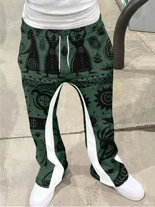 Vintage Men's Printed Loose Bell Bottom Pants, Drawstring Sportswear Long Pants, 3D Soft Breathable Fabric, Casual Daily Wear, Athleisure Style Pants, Casual Sport Trousers