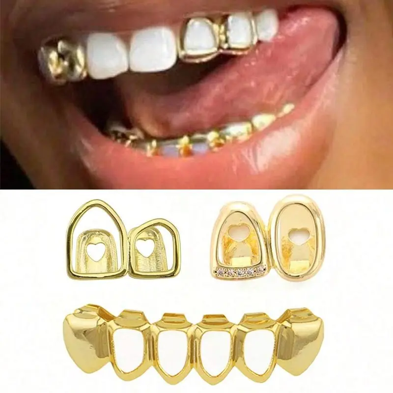 Hollow Oral Tooth Grillz Set with Zirconia Stones Double Top & 4 Hollow Bottom Teeth Hip Hop Street Style Unisex Jewelry Accessories Lightweight Silicone Festival Gift