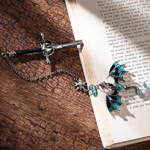 Dragon Sword Design Bookmark, 1 Set Vintage Metal Tassel Pendant Bookmark with 50pcs Stickers, Reading Bookmark for Bookworms, Men, Boys, Readers