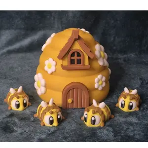 3D Printed Beehive House with Four Bees – Articulated For Kids