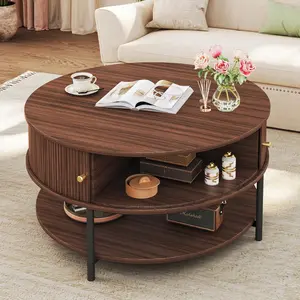 31.5" Round Coffee Table with Storage, Mid Century Modern Coffee Table with Sliding Cabinet Door, Round Metal Legs, 3-Tier Small Round Coffee Tables for Living Room, Walnut
