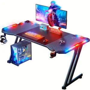 Gaming Desk with LED Lights, Ecofurnix Large RGB Computer Gaming Desk Table with Cup Holder Headphone Hook Mouse Pad, Ergonomic Modern Carbon Fiber Mesa Gamer Pc Work Home Office Desks