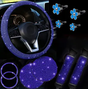 Bling Car Accessories Set 11pcs, Steering Wheel Cover, Seat Belt Covers, Daisy Vent Clips, Cup Holder Coasters, Diamond Start Button Rings, All-Season Car Interior Decoration Fit Most Vehicle