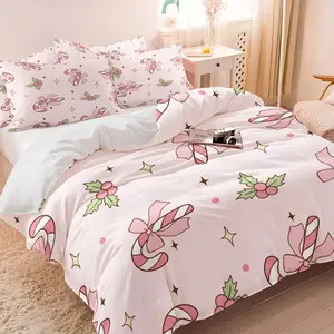 Christmas Theme Duvet Cover Set, Decorative Duvet Cover, Includes One Fitted Sheet & Pillowcases, Pink Candy Cane, Holly Berry Pattern, Breathable Soft Bedding for Christmas Home Decoration or Gift