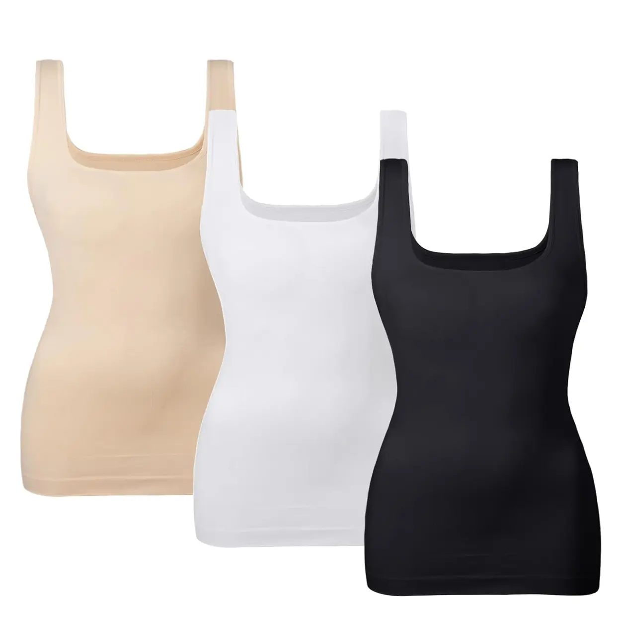Women's Tummy Control Shapewear Tank Tops 3 Pack Seamless Square Neck Compression Slimming Body Shaper Camisole Black Beige White - Everyday, Smooth Womenswear Basic