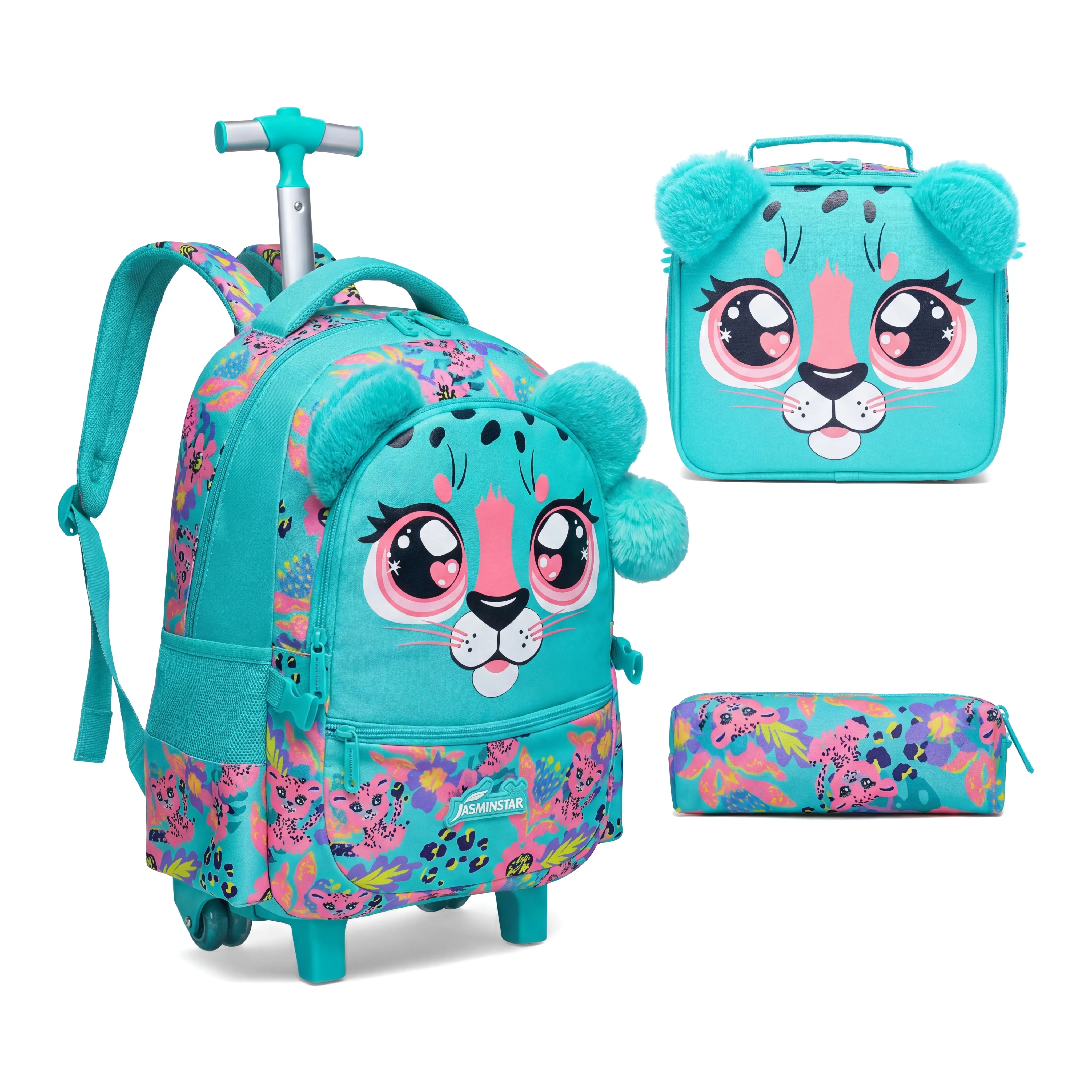 Girls' Teal Leopard Rolling Backpack Set (3-Piece) – Colorful Preppy, Animal-Faced, Artistic Cartoon, Carry-All Cartoon Character Backpack with Lunch Bag & Pencil Case, Waterproof, Lightweight, Multifunctional for School & Travel, Colorful Preppy Backpack