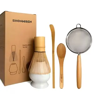 5-Piece Set Matcha Tool Set, Tea Whisk Wooden Handle, Japanese Matcha Tea Set, Set with Matcha Whisk (Chasen),Whisk Holder(White),Sifter,Tea Scoop and Tea Spoon