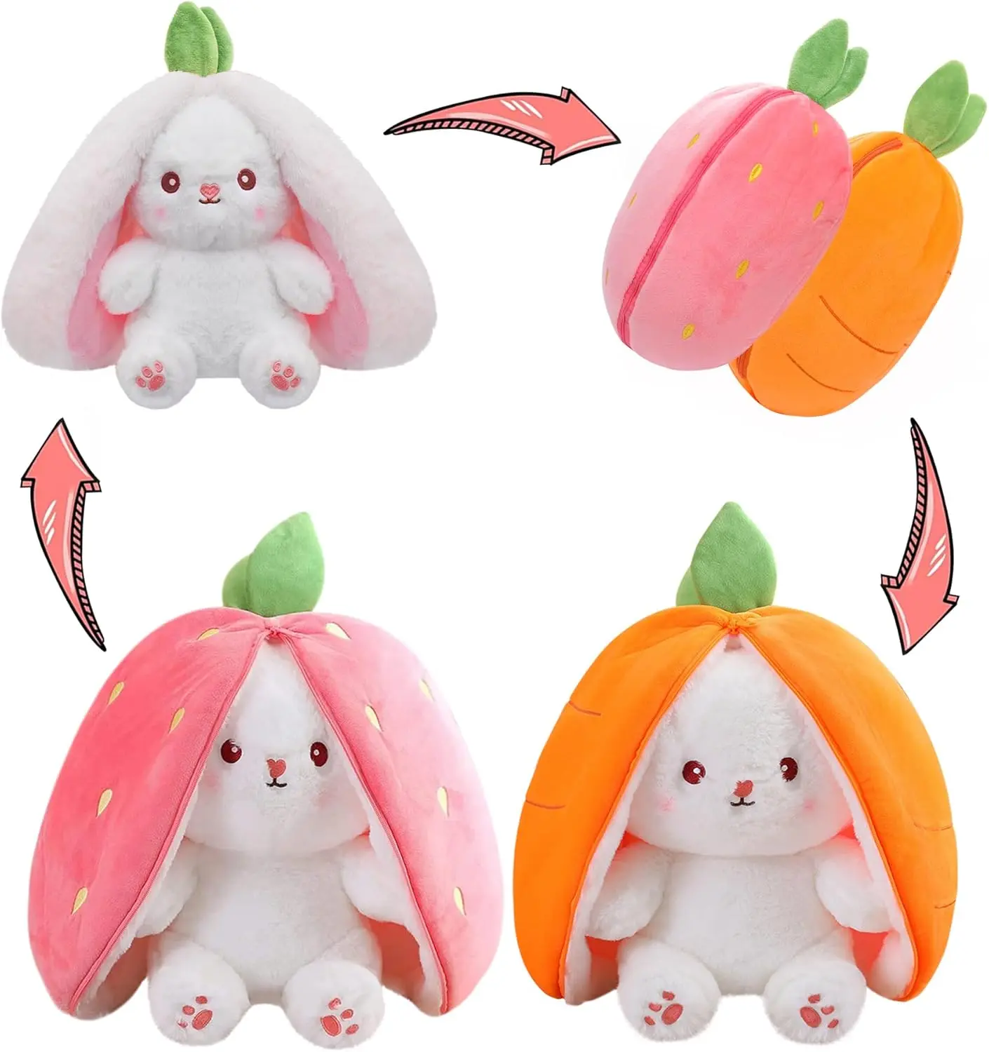 Cuddly Bunny Stuffed Animal, Kawaii Squishy Cute Easter Bunny Plush Turn Into Rabbit Fruit Doll Carrot Strawberry Pillow, Plushies Funny Bunny Toy for Baby