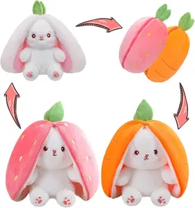 Cuddly Bunny Stuffed Animal, Kawaii Squishy Cute Easter Bunny Plush Turn Into Rabbit Fruit Doll Carrot Strawberry Pillow, Plushies Funny Bunny Toy for Baby