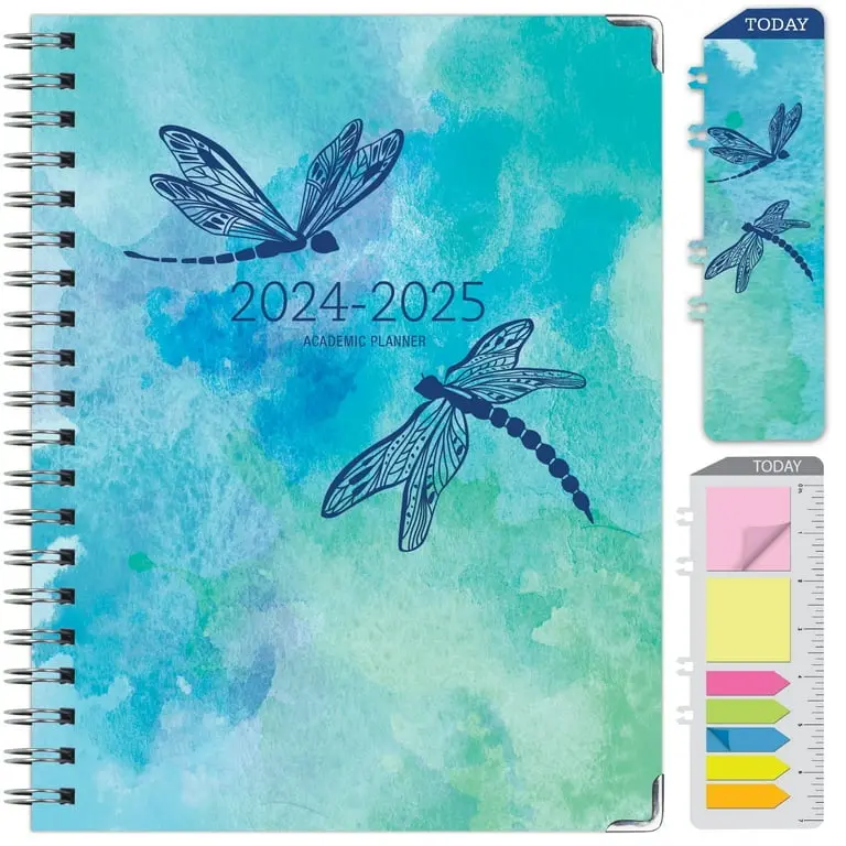 Hardcover Academic Year 2024-2025 Planner (June 2024 Through July 2025) 8.5"x11", Large, Daily Weekly Monthly Planner Yearly Agenda. Bookmark, Pocket Folder and Sticky Note Set, Dragonflies