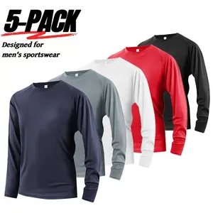 5pcs Men's Quick-Dry Breathable Sport Long Sleeve T-Shirts - Moisture-Wicking Gym Shirts, Solid Color Round Neck Athletic Tops for Running, Gym & Outdoor Activities Active Sportswear Activewear Clothing