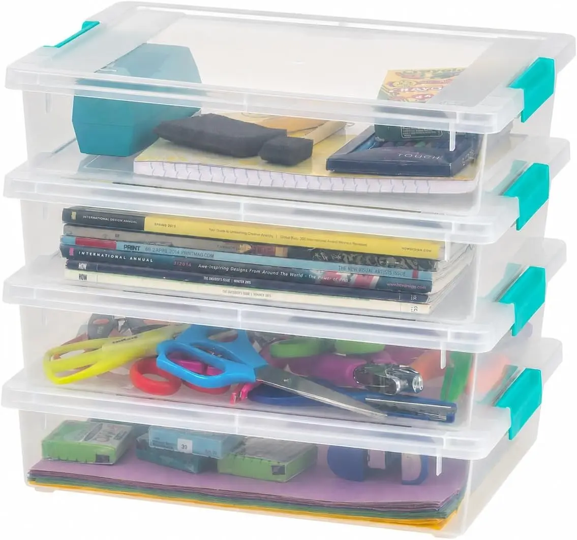 Craft Storage Bins with Lids, 4-Pack, |Made in USA|, Clip Box, Small Plastic Sensory Bin Tote Organizer Containers for Art Supplies, Paper, & Office, Stackable - Clear/Seafoam Blue-ZENG