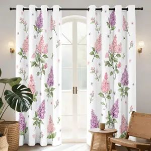 2-piece curtains spring fresh lilac flowers watercolor pink purple flowers butterfly print perforated light-blocking curtains, suitable for machine washable decorative curtains in living rooms, bedrooms, kitchens and outdoor.