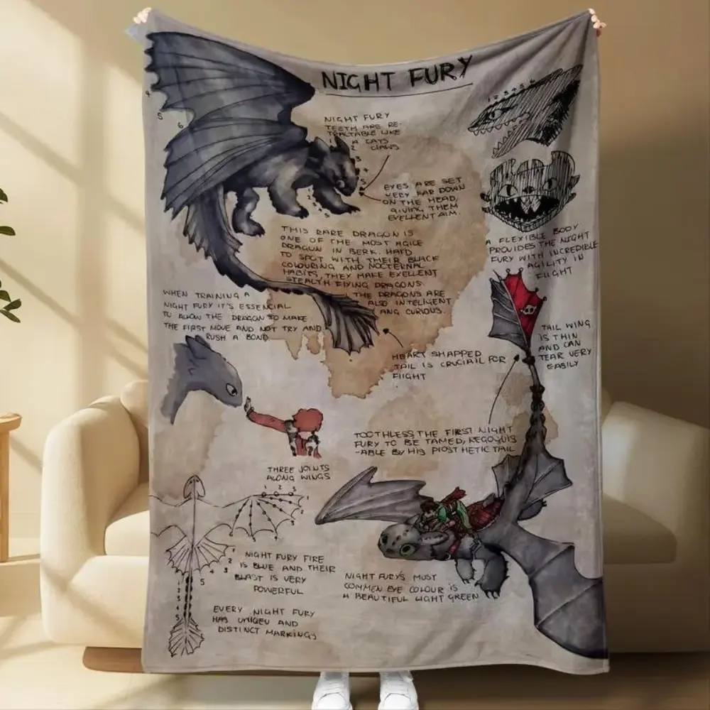 Dragon Theme Sketch Art Fleece Throw Blanket - Night Fury Design with Slogan Print, Soft Warm Fleece Fabric, Cozy Look Bedroom Decor Textile for Fantasy Lovers, Bedroom Use, Warmth Boost