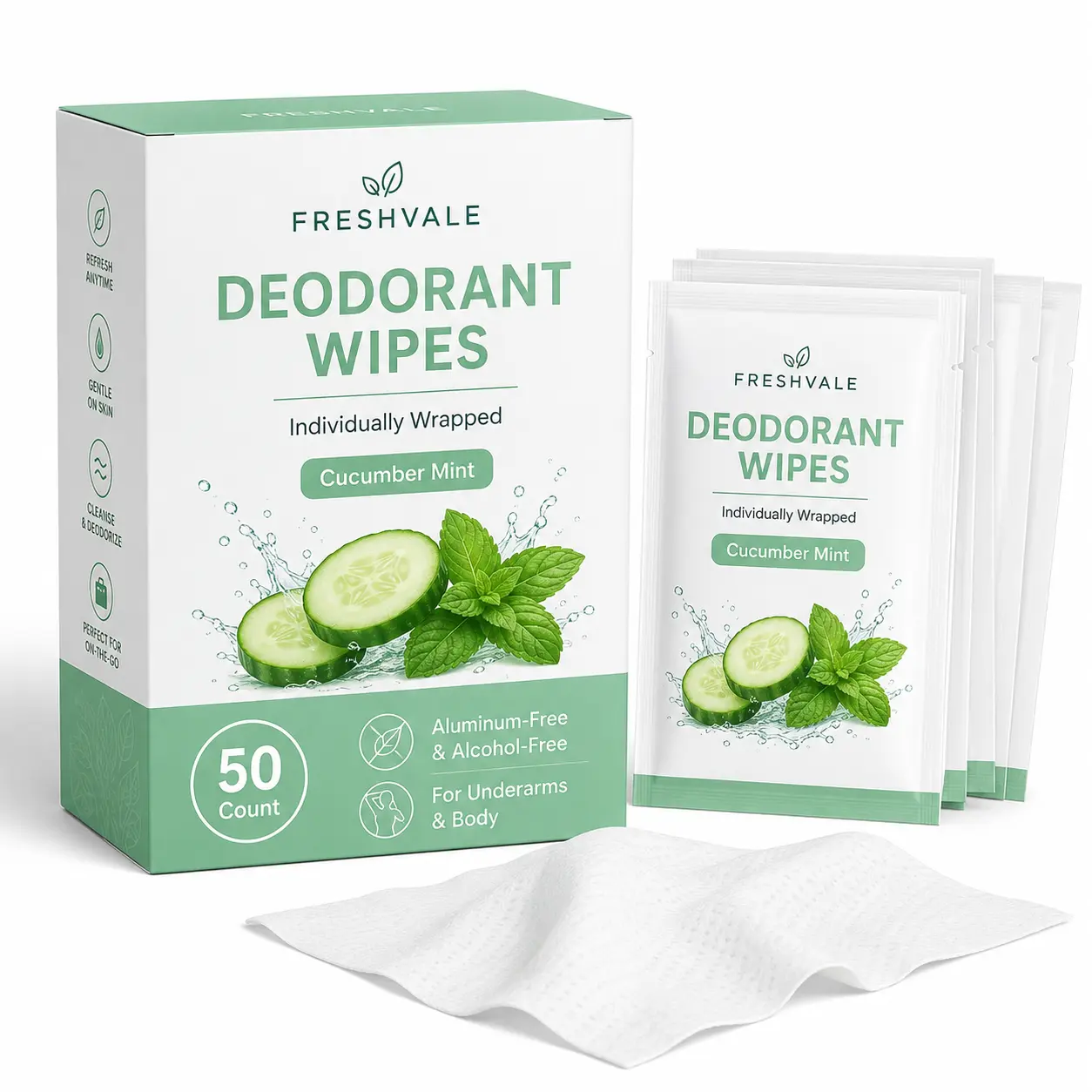 50 Count Deodorant Wipes Individually Wrapped, Cucumber Mint Underarm & Body Wipes, Alcohol-Free Aluminum-Free Fresh Wipes for Travel Gym Office50 Count Deodorant Wipes Individually Wrapped, Cucumber Mint Underarm & Body Wipes, Alcohol-Free Aluminum-Free