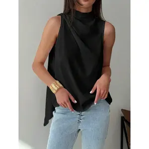 Minimalist Commuter Ruched H-Hem White Woven Sleeveless Blouse For Women Spring Summer Fabric Fit