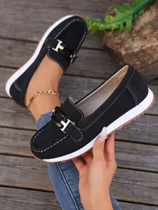 Women's New Casual One-Step Flat Shoes, Velour Fabric, Chain Decoration, Suitable for Office and Daily Wear