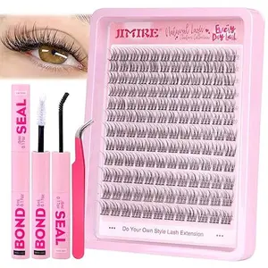 JIMIRE Natural Lash Extension Kit Wispy 9-12MM Lash Clusters Kit C Curl Eyelash Extensions Kit with Lash Bond and Seal Tweezers Cluster Eyelash Extensions 144Pcs for Beginners Friendly