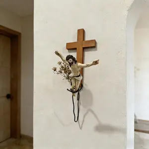 Nordic Simple Wooden Cross Decoration Hanging Ornament, Holiday Atmosphere Carving Accessory, Wood Craftsmanship Decorative Item, Religious Home Decor