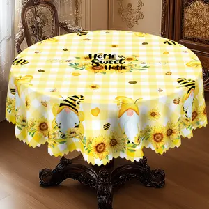 1pc Bright Sunflower Bee floral pattern Tablecloth, Suitable For Spring And Autumn Picnic Decor Sweet Home Honey Tablecloth Decoration For Courtyard, Suitable For Daily Home Kitchen, Dining Room Terrace Indoor And Outdoor Use Table Cover table  linens