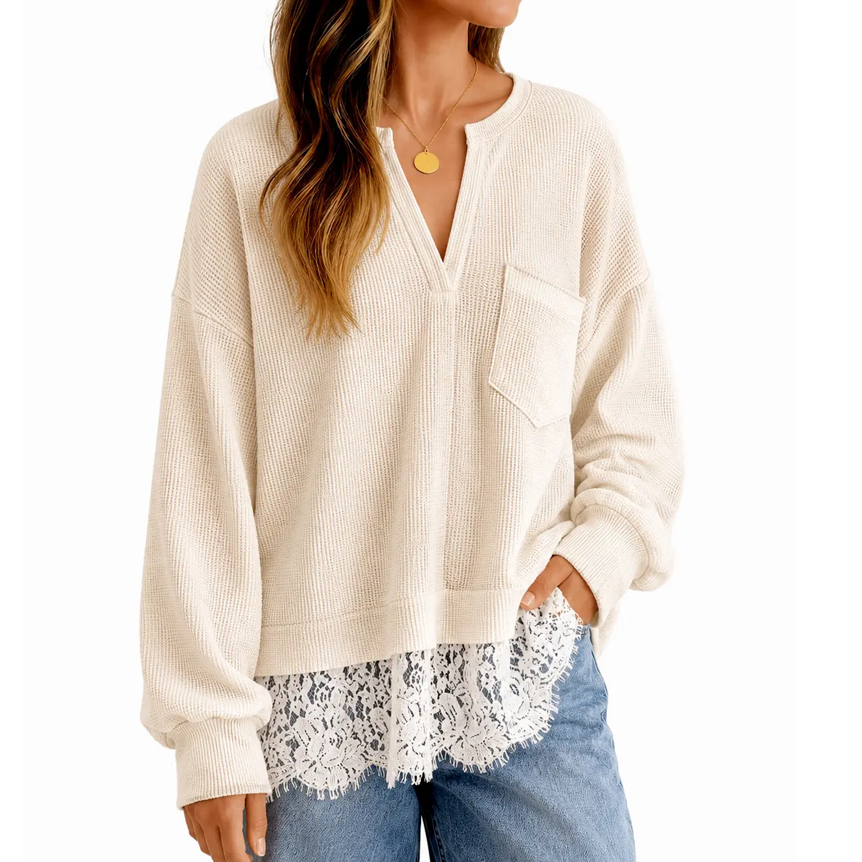 Women‘s Knit Top Soft Waffle Knit Casual Loungewear for Daily Casual Home School Outings