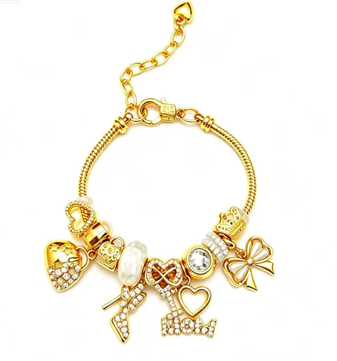 I Love Mom Charm Bracelet, Gold Plated Beaded Snake Chain Bracelet with Heart Bow Crown Charms, Gift for Mother