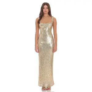 Lucy In The Sky Sequin Square Neck Fitted Maxi Dress in Gold