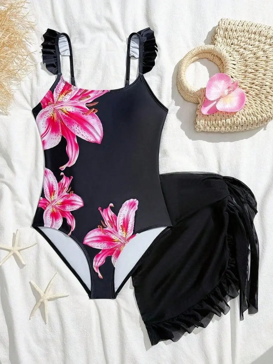 Teen Girl Knitted Bow Print One-Piece Swimsuit, Modest Mesh Collar Bathing Suit for Summer Beach