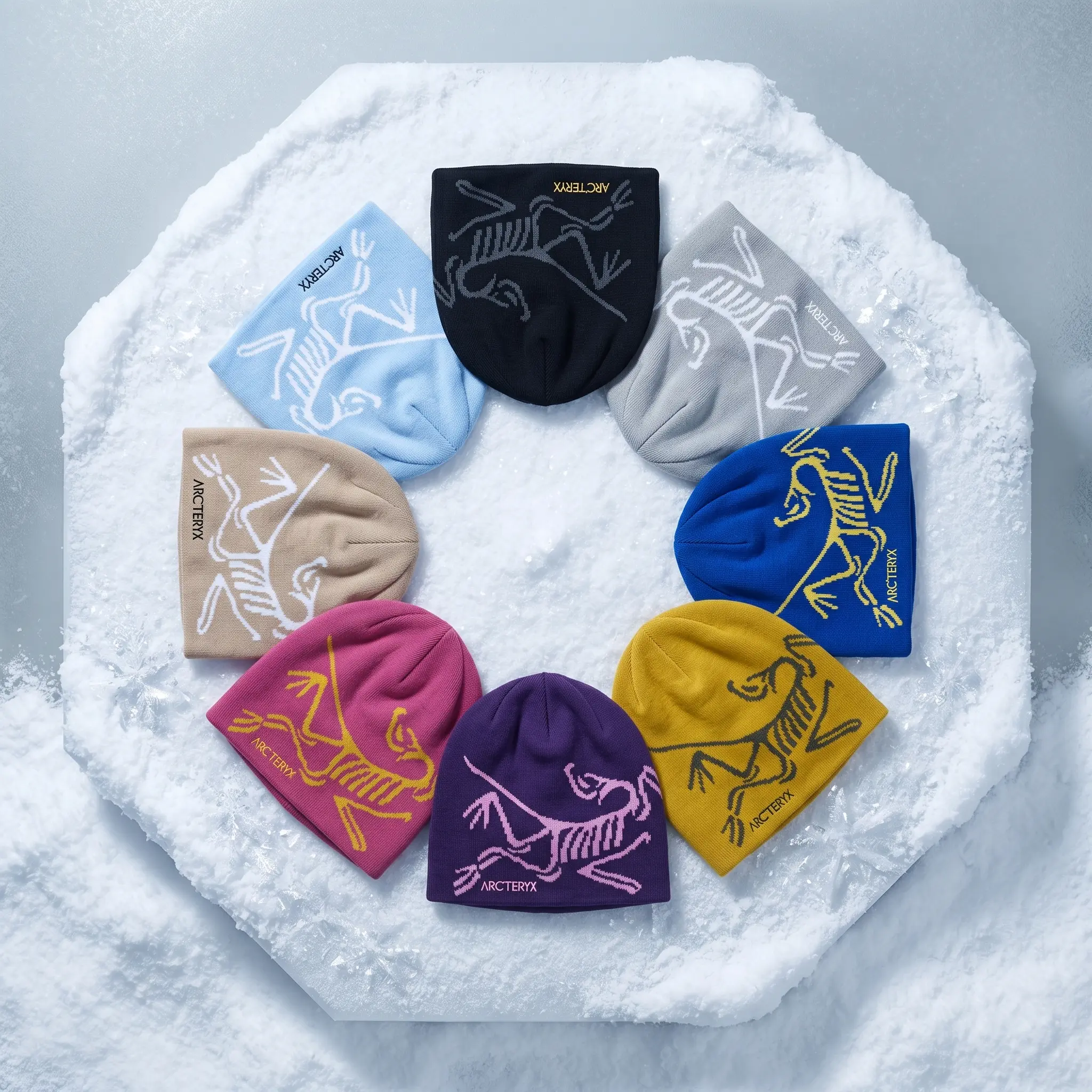Arc'teryx Style Bird Skeleton Beanie Hat Multi-Color Variant Grid | Heavy Duty Cold Weather Thermal Caps | Snow Ring Showcase Profile