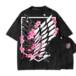 Attack on Titan Sakura Wings Wash Tee, Washed Cotton Oversized Anime Shirt with Scout Regiment Floral Design, Vintage Aesthetic Gift for AOT Fans