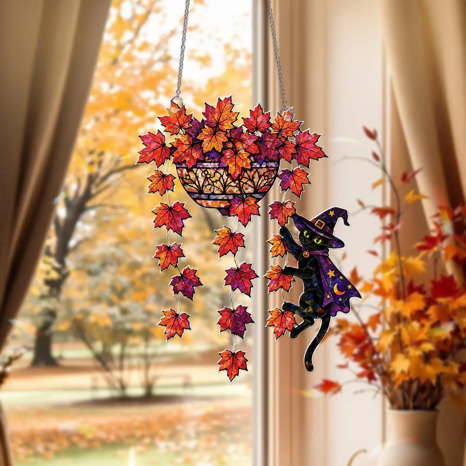 [Acrylic] Hologram Witch Cat Maple Leaf Suncatcher