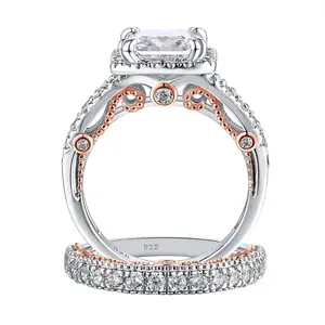 Original 925 Sterling Silver Rose K Gold Wedding Rings Set for Women Princess Cut AAAAA CZ Engagement Ring Jewelry#Love Story