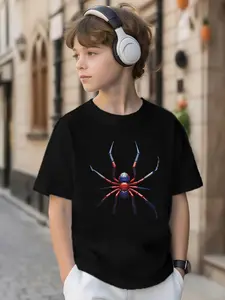 Boy And Girl Summer New Short-Sleeved Round-Neck T-Shirts With Cool Spider Pattern Print. Trendy, Unique, Casual And Fashionable Children's Clothing With Playful Charm For Daily Outdoor Use And Versatile Wear Funny Graphic Tees