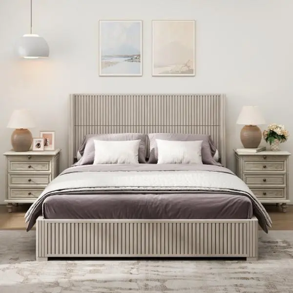 Queen Size Solid Wood Plywood Bed Frame with Beige Vertical Grain Veneer, 1000LBS Weight Capacity, No Box Spring Needed, Sturdy Easy-Assembly Wooden Bed for Bedroom, Plywood Bed Frames