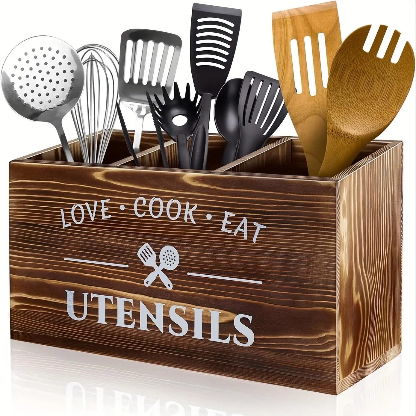 Wooden Kitchen Utensil Holder, 3-compartment Storage Box, Container, Countertop & Wall-mounted Organizer, Home Kitchen Accessories for Cook, Eat, Bake Tools, Racks, Kitchenware