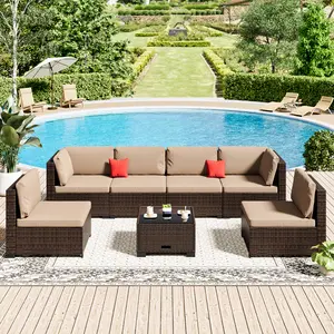 7 Pieces Sofa Modular Patio Wicker Sofa Set - Easy-to-Assemble All-Weather Couch with Comfortable Cushions & Glass Coffee Table, Ideal for Outdoor Relaxation & Entertaining Summervibes