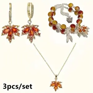 Maple Leaf Pendant Necklace and Earrings Set - Includes 3pcs Earrings & Necklace - Elegant Design with Maple Leaf Pendant