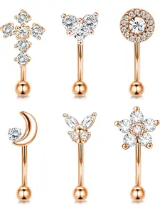 6-Piece Set of  Stainless Steel Rook and Daith Earrings for Women: Belly, Lip, Cartilage, Tragus, and Body Piercing Curved Barbells and Eyebrow Rings (6–8 mm)