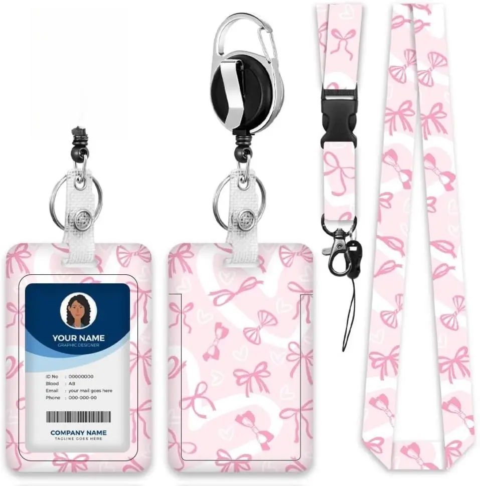 Women's Cute Butterfly Card Lanyard Badge Holder - Heavy-Duty Retractable Badge Reel Keychain with ID Clip, Heart/Pink Flowers/Bow Design, Teacher Office Gift (#35), Cute Lanyards For Id Badges