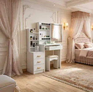 Bedroom Vanity Set with LED Lights (Includes Stool, Drawers, and Side Storage Shelves)