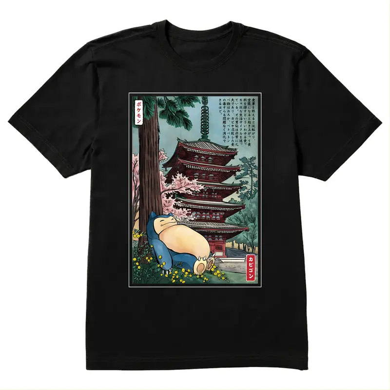 Women's Cotton Oversized Short-Sleeve Peel-Resist Print Preppy Retro Snorlax Pokemon Anime T-Shirt, Classic Fit Easy-Wear Tops for Women with Japanese Sleep Scene Character Illustration, Fan-Focused Everyday Apparel