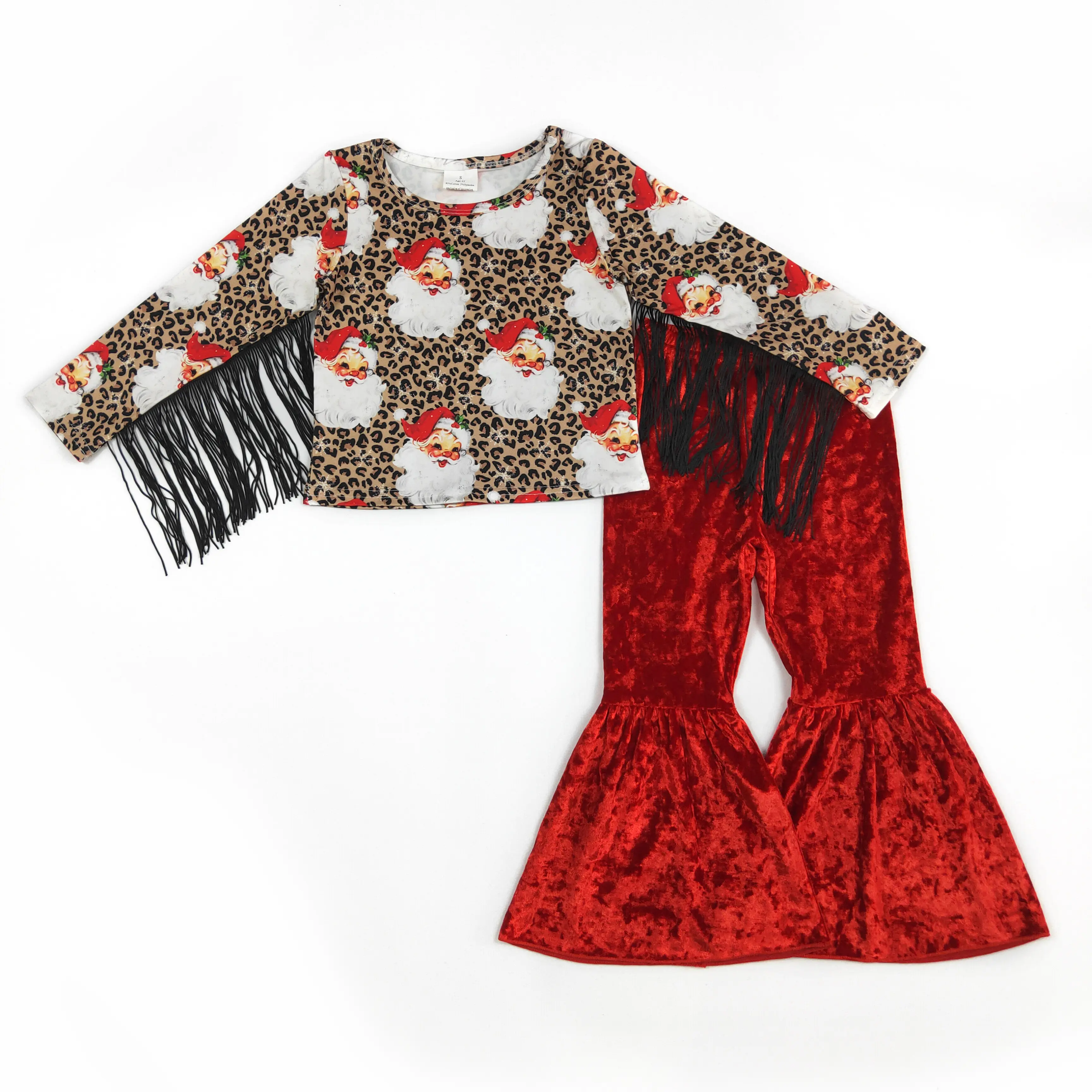 Girls' Christmas Leopard Print 2-Piece Set, Cute Santa Appliqué Top and Red Velvet Bell Bottom Pants, Leopard Print Set