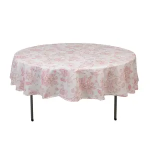 Polyester 90" Round Tablecloth White - Pink French Toile Pattern for Chic Weddings