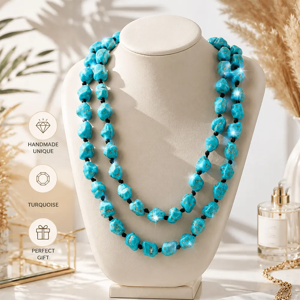 Unisex Retro Elegant Bohemian Handmade Irregular Crackle Synthetic Turquoise Bead Double-Layer Long Chain Necklace - Artisan-Inspired, Colorful Statement Costume Jewelry for Daily Wear, Vacation Gifting