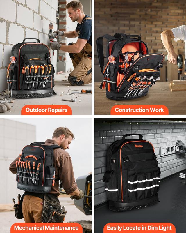 Tool Backpack with 64 Pockets, Tear-Resistant Construction, Heavy-Duty Jobsite Organizer for Electricians and Tradespeople, Portable Tool Storage Bag with Padded Straps, Waterproof Fabric, Reinforced Handle, and Compartments