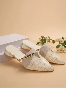 Women's Black & Beige Pointed-Toe Slip On Mules with Metallic & Textured Detail, Fashionable Casual Walking Shoes, Versatile Comfortable Commuting Shoes, Female All-match Trendy Shoes for Daily Wear, Office & Party Looks